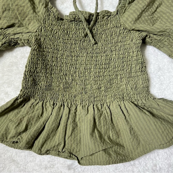 Topshop Green Shirred Long Sleeve Peplum Hem Blouse Size 2 - Picture 9 of 13